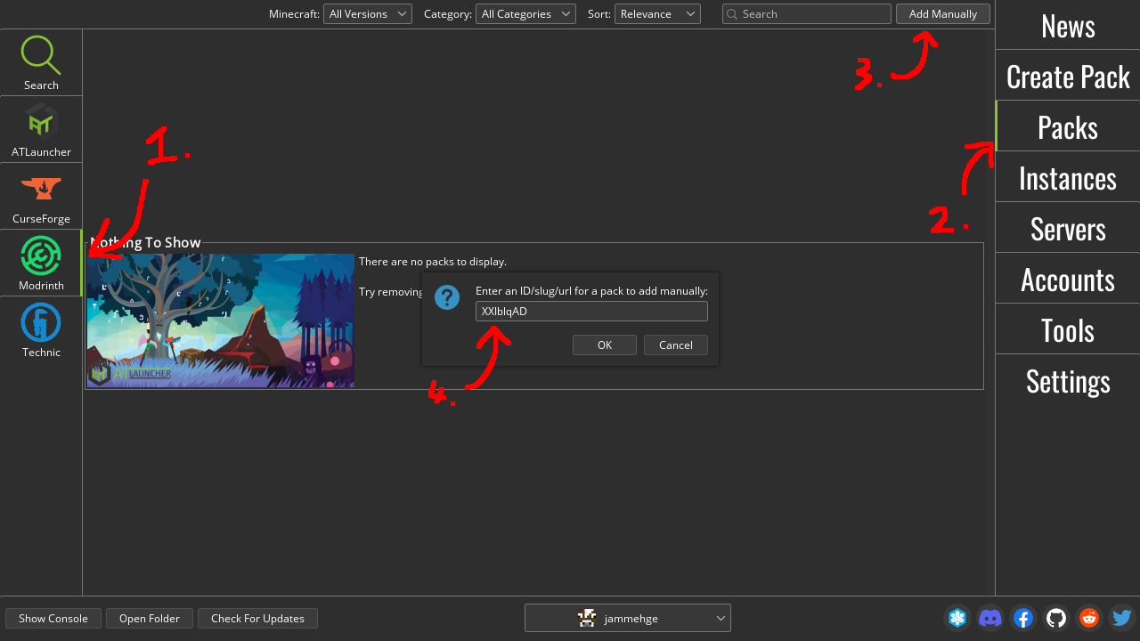 visual guide to install the modpack via the atlauncher program